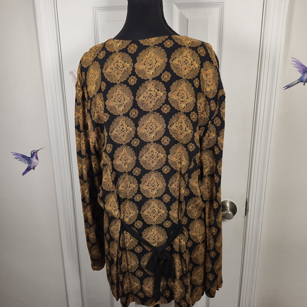 Vintage MSXY Gold Tapestry Blouse Black Metallic Geometric Circle Print Top L - Picture 2 of 6